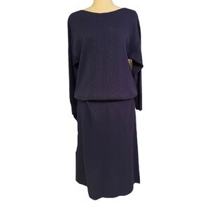 Vintage Boat Neck Pull Over Navy Sweater Dress with Gathered Waist Hand Wash Med